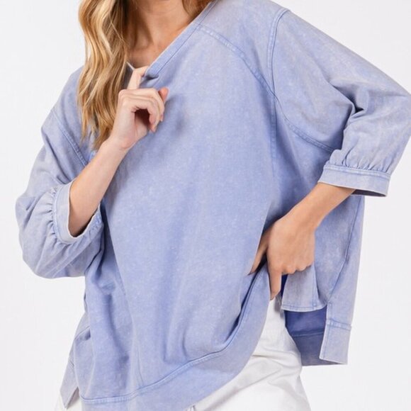 Blue Purple Mineral Washed Side Slit Round Neck Sweatshirt - Picture 1 of 6